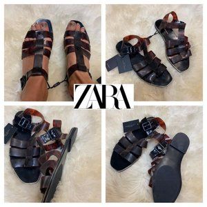 NWT ZARA BASIC COLLECTION Women sandals Flats brown vinyl gladiator Style Shoe